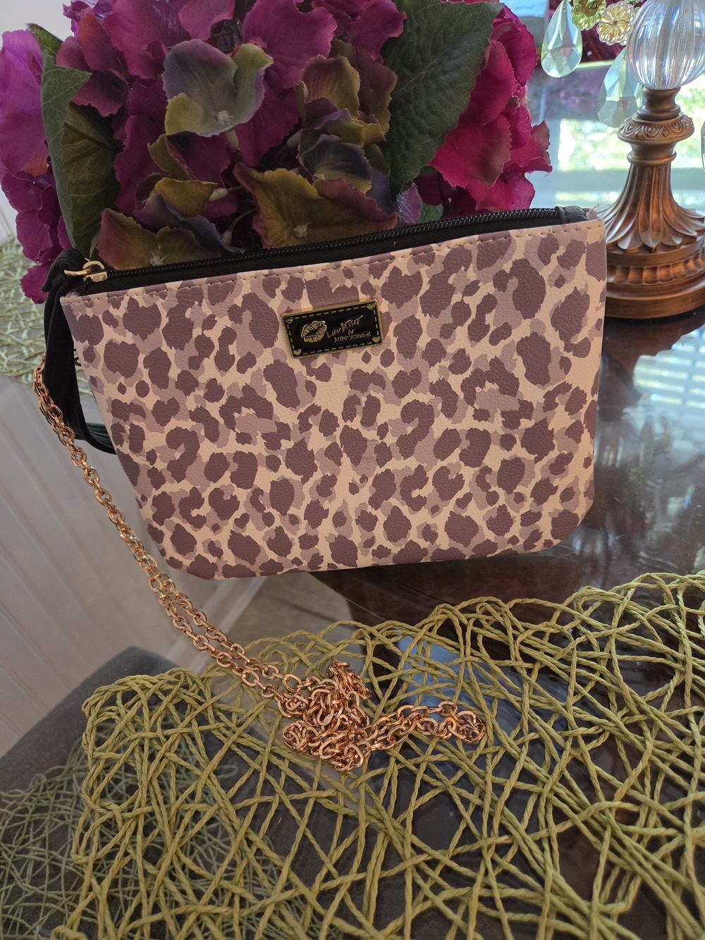 Betsey Johnson Lavender Leopard Print Crossbody with Rose Gold Chain